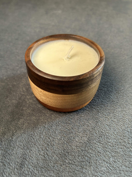Wax play and massage candle in hardwood bowl