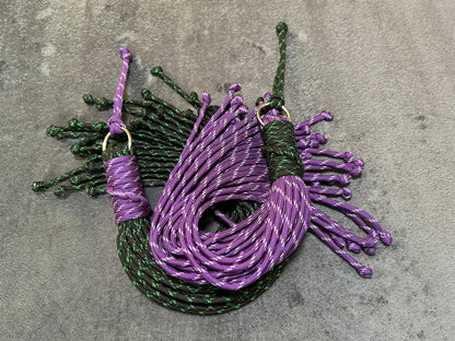 Purple and green paracord floggers for BDSM and impact play