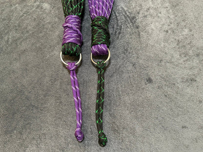 Purple and green paracord floggers for BDSM and impact play