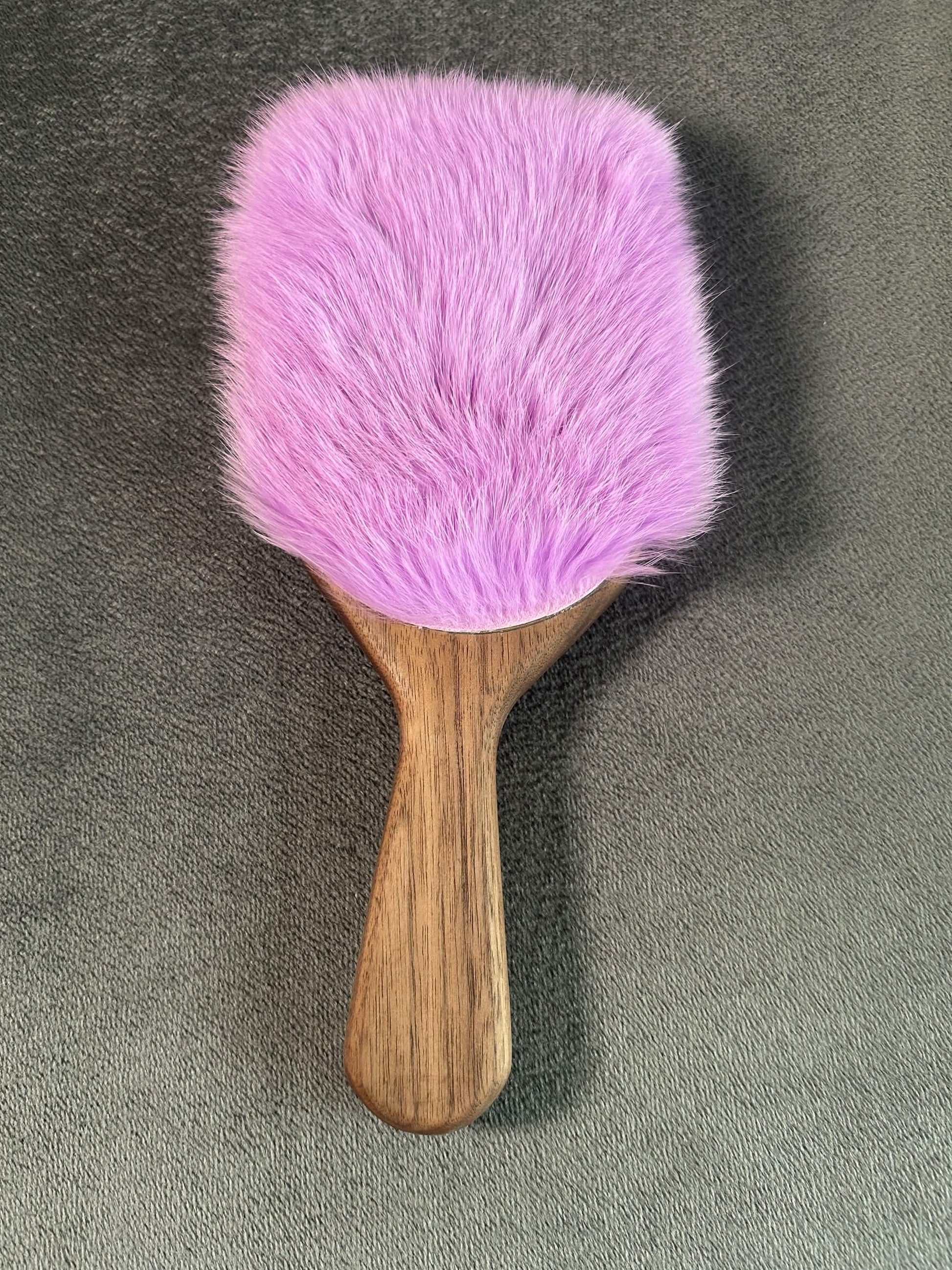 Walnut harebrush paddle with purple rabbit fur