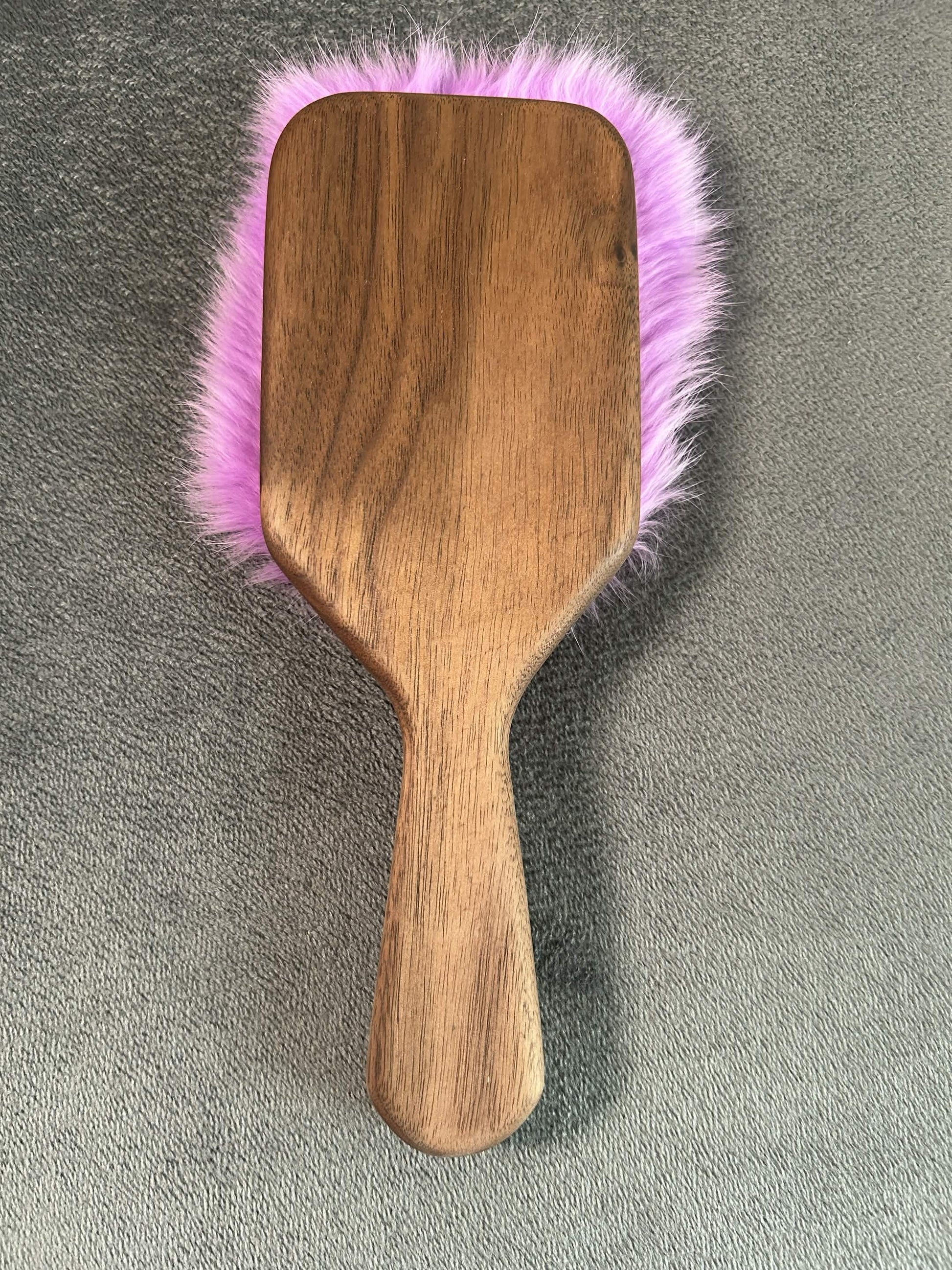 Walnut harebrush paddle with purple rabbit fur