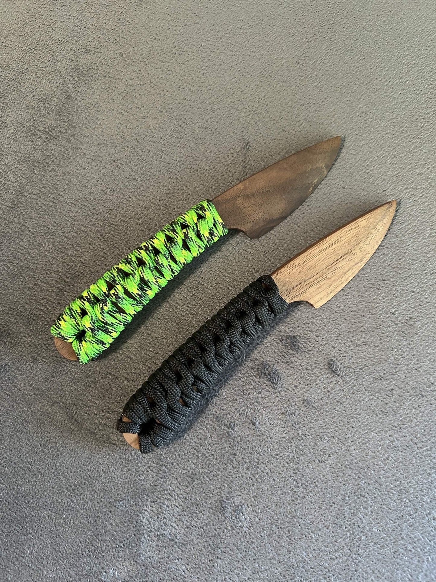 Walnut knives with paracord grip for BDSM, knife play, and wax play