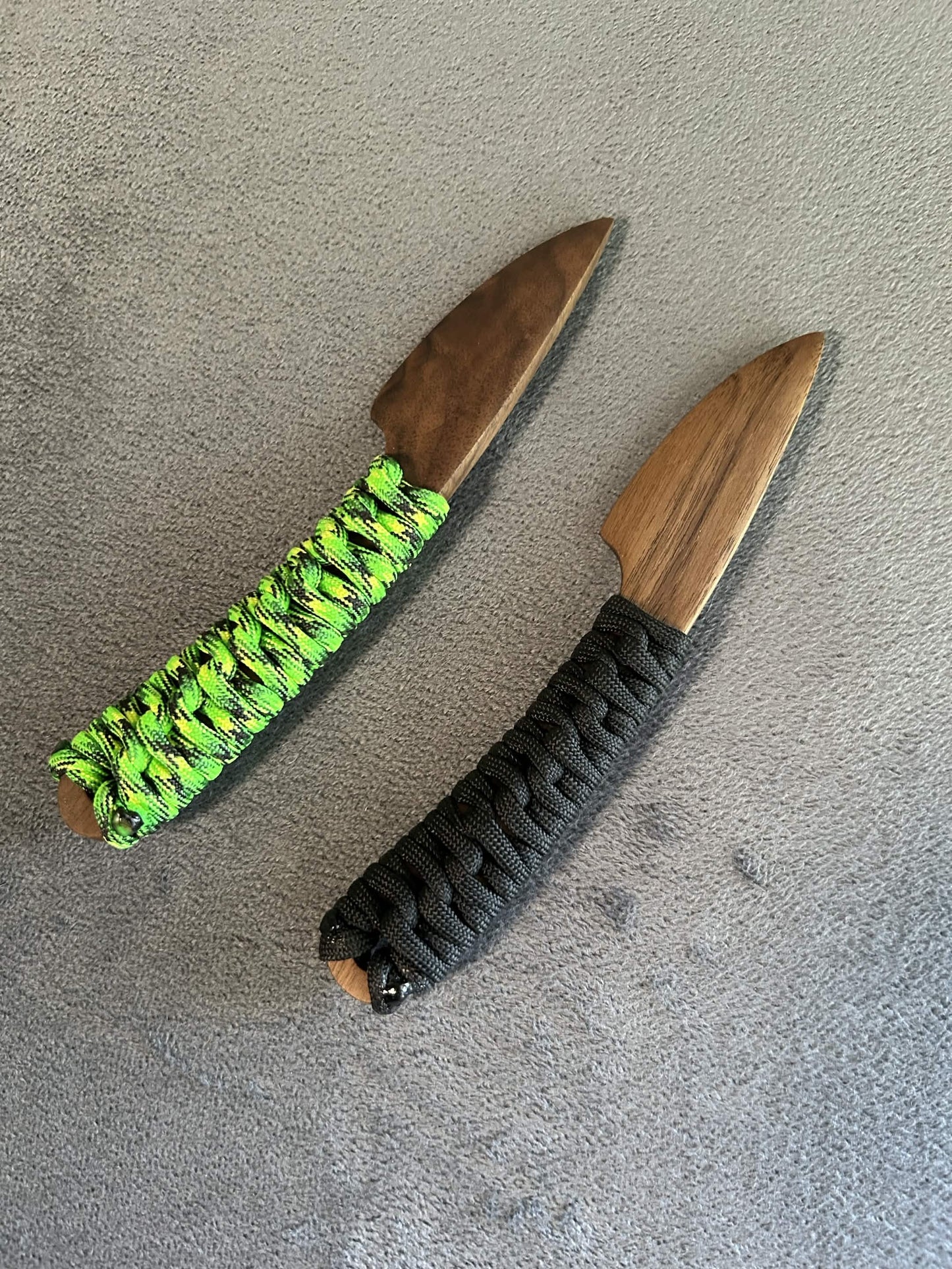 Walnut knives with paracord grip for BDSM, knife play, and wax play