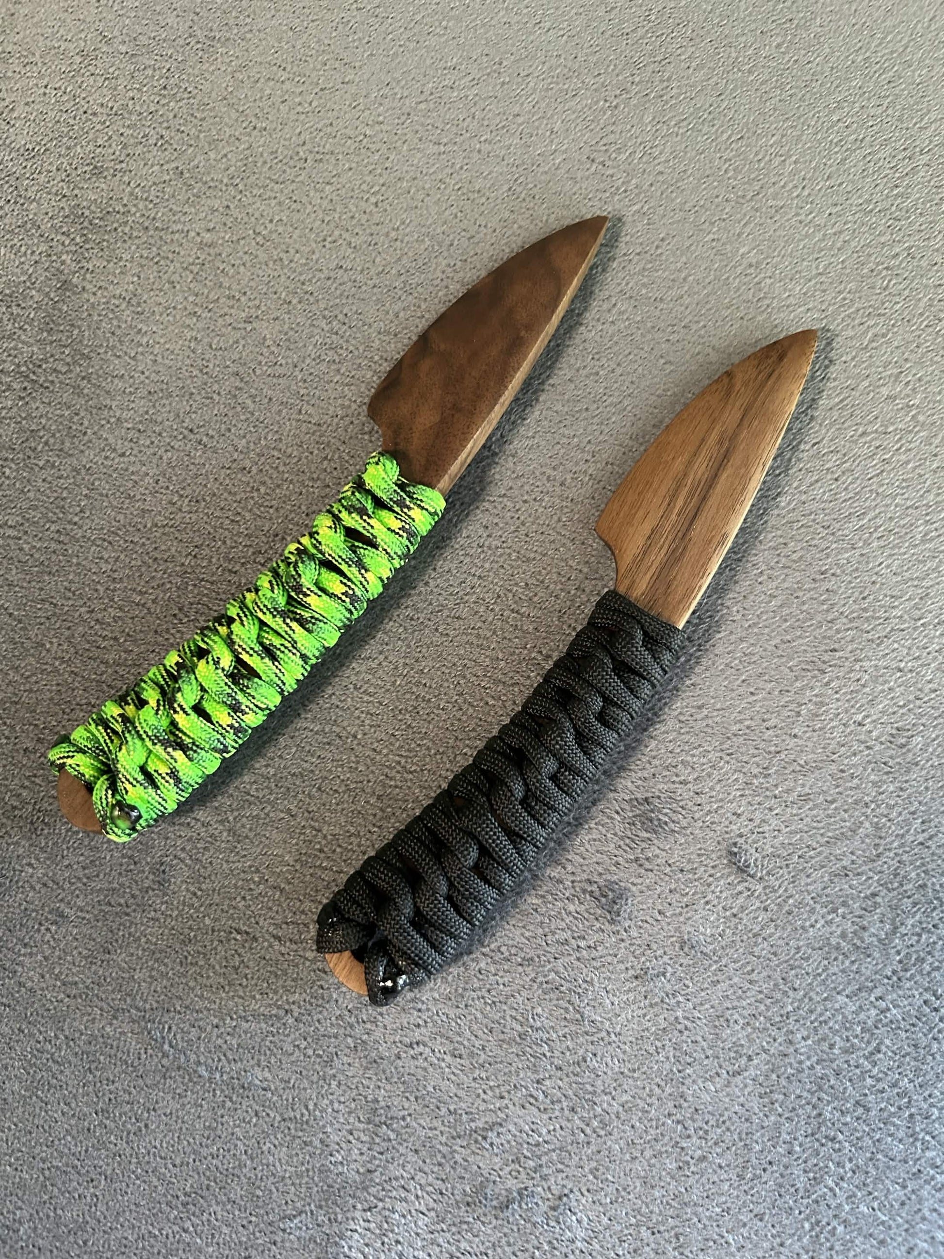 Walnut knives with paracord grip for BDSM, knife play, and wax play