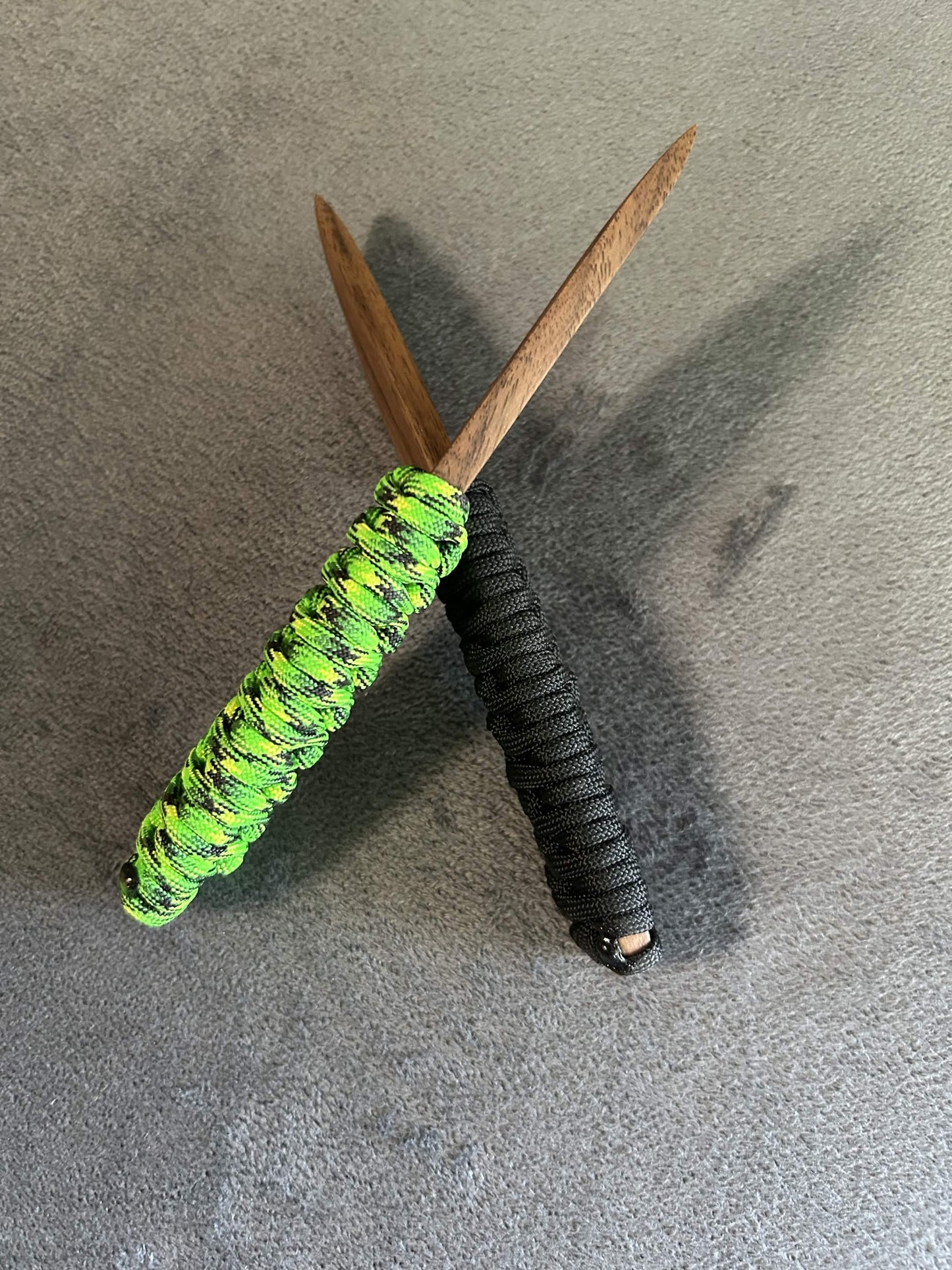 Walnut knives with paracord grip for BDSM, knife play, and wax play
